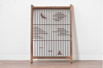 アンティーク建具　昭和初期　片面ガラス　組子に月と船モチーフが映える書院窓1枚　(R-086105)
