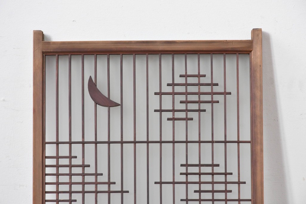 アンティーク建具　昭和初期　片面ガラス　組子に月と船モチーフが映える書院窓1枚　(R-086105)