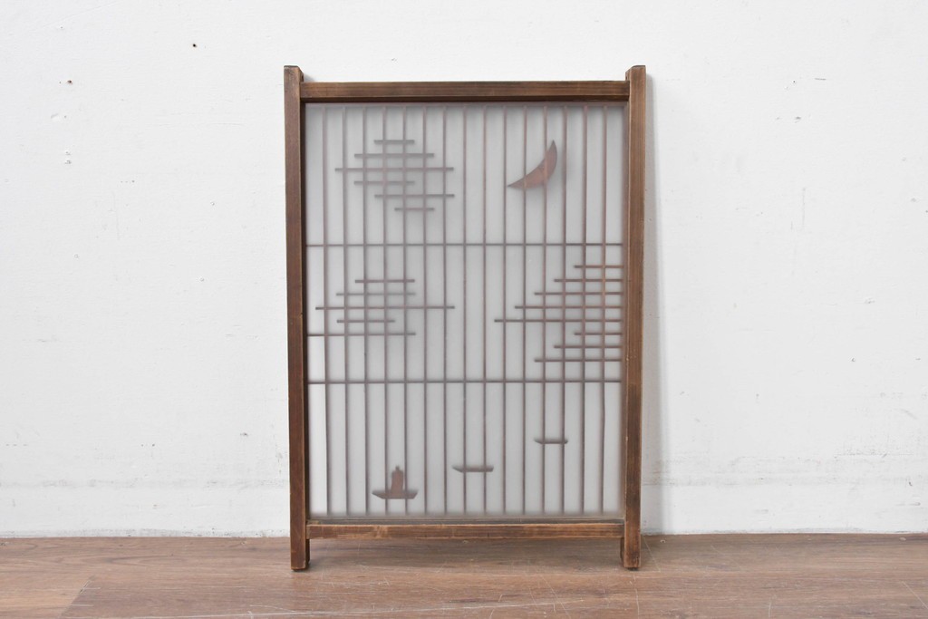 アンティーク建具　昭和初期　片面ガラス　組子に月と船モチーフが映える書院窓1枚　(R-086105)