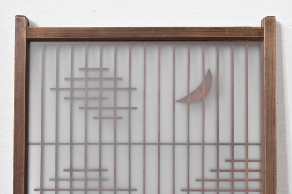 アンティーク建具　昭和初期　片面ガラス　組子に月と船モチーフが映える書院窓1枚　(R-086105)