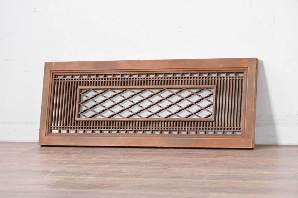 アンティーク建具　昭和初期から中期　片面ガラス　精緻な格子と菱組子が美しい組子入り欄間1枚　(R-086106)