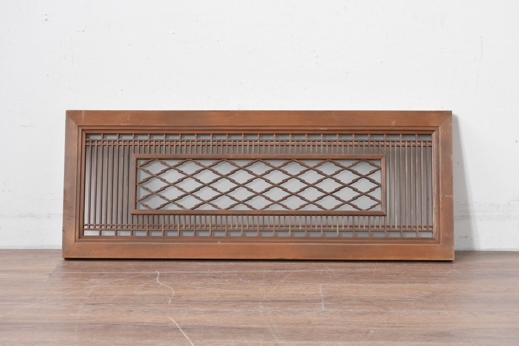 アンティーク建具　昭和初期から中期　片面ガラス　精緻な格子と菱組子が美しい組子入り欄間1枚　(R-086106)