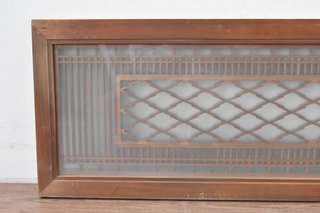 アンティーク建具　昭和初期から中期　片面ガラス　精緻な格子と菱組子が美しい組子入り欄間1枚　(R-086106)