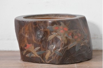 和製アンティーク　明治～大正　桐材　草花の蒔絵がアクセントのくり抜き火鉢　(R-086116)
