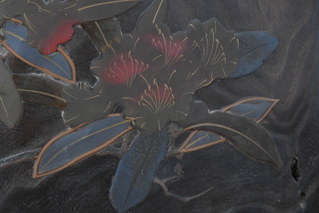 和製アンティーク　明治～大正　桐材　草花の蒔絵がアクセントのくり抜き火鉢　(R-086116)