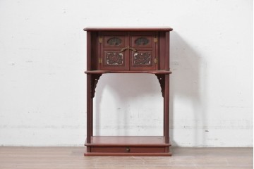 和製アンティーク　明治大正期　茶道具　牡丹の彫刻が施された朱塗りの袋棚　(R-086118)