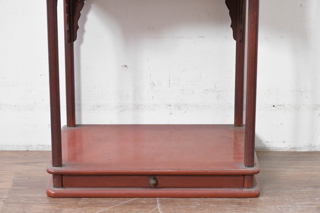 和製アンティーク　明治大正期　茶道具　牡丹の彫刻が施された朱塗りの袋棚　(R-086118)