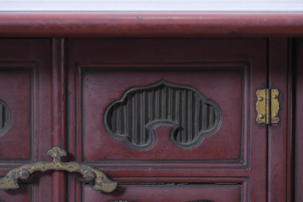 和製アンティーク　明治大正期　茶道具　牡丹の彫刻が施された朱塗りの袋棚　(R-086118)