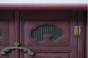 和製アンティーク　明治大正期　茶道具　牡丹の彫刻が施された朱塗りの袋棚　(R-086118)