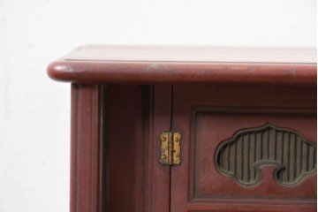 和製アンティーク　明治大正期　茶道具　牡丹の彫刻が施された朱塗りの袋棚　(R-086118)