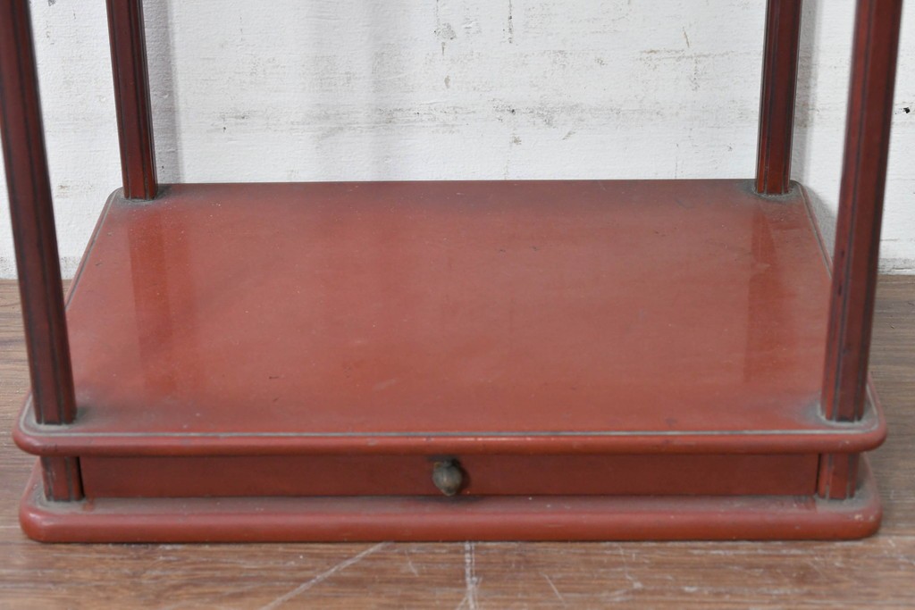 和製アンティーク　明治大正期　茶道具　牡丹の彫刻が施された朱塗りの袋棚　(R-086118)