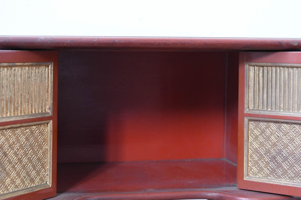 和製アンティーク　明治大正期　茶道具　牡丹の彫刻が施された朱塗りの袋棚　(R-086118)