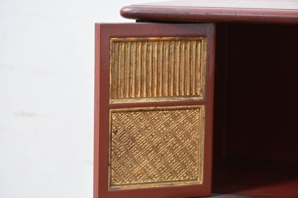 和製アンティーク　明治大正期　茶道具　牡丹の彫刻が施された朱塗りの袋棚　(R-086118)