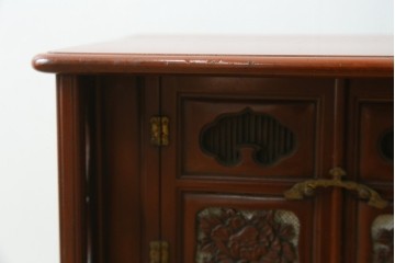 和製アンティーク　明治大正期　茶道具　牡丹の彫刻が施された朱塗りの袋棚　(R-086118)