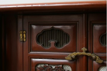 和製アンティーク　明治大正期　茶道具　牡丹の彫刻が施された朱塗りの袋棚　(R-086118)