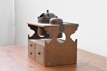 和製アンティーク　明治大正期　欅(ケヤキ)材　銅製の火入れと灰吹を備えた煙草盆　(R-086124)