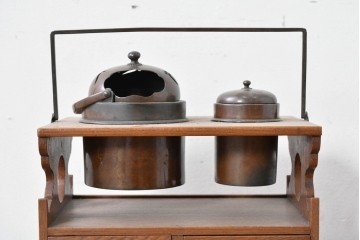 和製アンティーク　明治大正期　欅(ケヤキ)材　銅製の火入れと灰吹を備えた煙草盆　(R-086124)