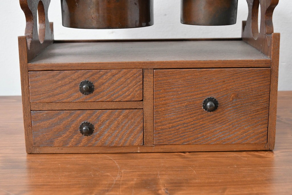 和製アンティーク　明治大正期　欅(ケヤキ)材　銅製の火入れと灰吹を備えた煙草盆　(R-086124)