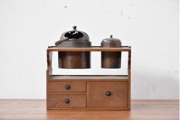 和製アンティーク　明治大正期　欅(ケヤキ)材　銅製の火入れと灰吹を備えた煙草盆　(R-086124)