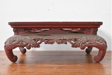 和製アンティーク　明治大正期　経済産業大臣指定伝統的工芸品　村上木彫堆朱　龍・松・富士山が彫り込まれた朱塗りの花台　(R-086125)