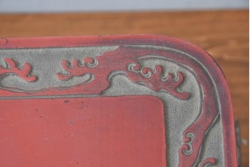 和製アンティーク　明治大正期　経済産業大臣指定伝統的工芸品　村上木彫堆朱　龍・松・富士山が彫り込まれた朱塗りの花台　(R-086125)