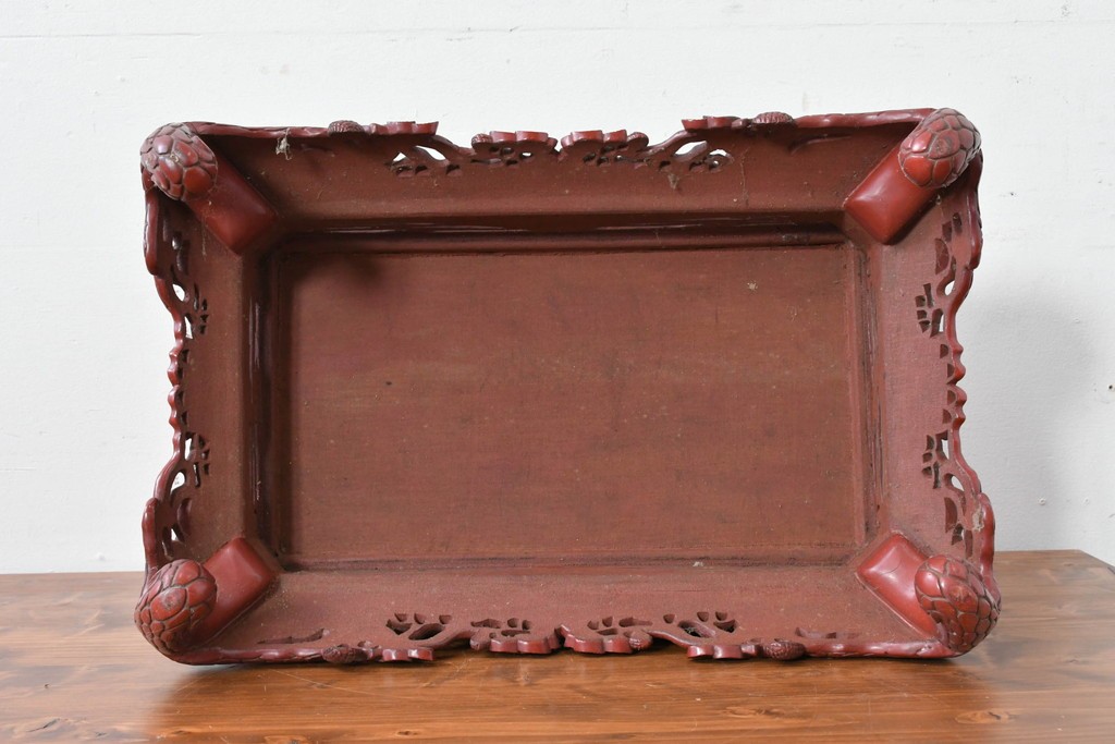 和製アンティーク　明治大正期　経済産業大臣指定伝統的工芸品　村上木彫堆朱　龍・松・富士山が彫り込まれた朱塗りの花台　(R-086125)