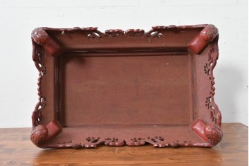 和製アンティーク　明治大正期　経済産業大臣指定伝統的工芸品　村上木彫堆朱　龍・松・富士山が彫り込まれた朱塗りの花台　(R-086125)