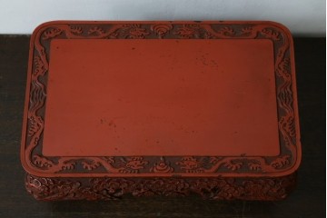 和製アンティーク　明治大正期　経済産業大臣指定伝統的工芸品　村上木彫堆朱　龍・松・富士山が彫り込まれた朱塗りの花台　(R-086125)