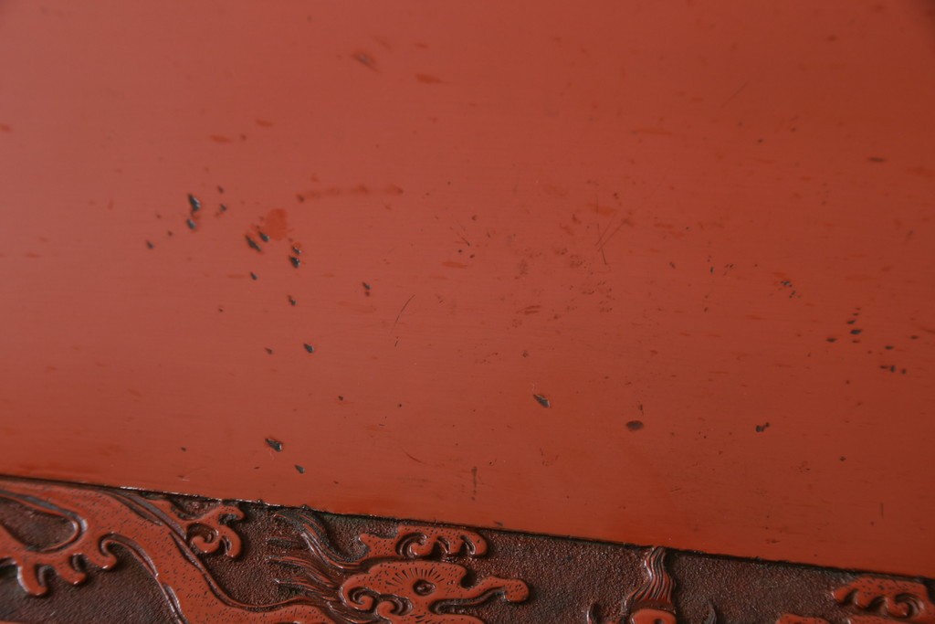 和製アンティーク　明治大正期　経済産業大臣指定伝統的工芸品　村上木彫堆朱　龍・松・富士山が彫り込まれた朱塗りの花台　(R-086125)