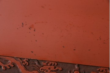 和製アンティーク　明治大正期　経済産業大臣指定伝統的工芸品　村上木彫堆朱　龍・松・富士山が彫り込まれた朱塗りの花台　(R-086125)