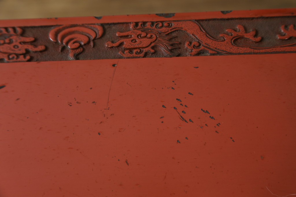 和製アンティーク　明治大正期　経済産業大臣指定伝統的工芸品　村上木彫堆朱　龍・松・富士山が彫り込まれた朱塗りの花台　(R-086125)