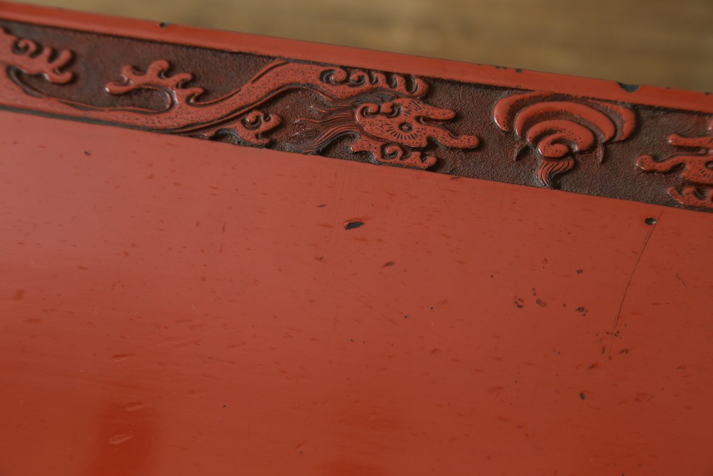 和製アンティーク　明治大正期　経済産業大臣指定伝統的工芸品　村上木彫堆朱　龍・松・富士山が彫り込まれた朱塗りの花台　(R-086125)