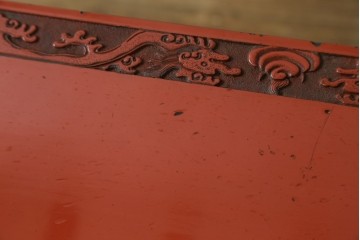 和製アンティーク　明治大正期　経済産業大臣指定伝統的工芸品　村上木彫堆朱　龍・松・富士山が彫り込まれた朱塗りの花台　(R-086125)