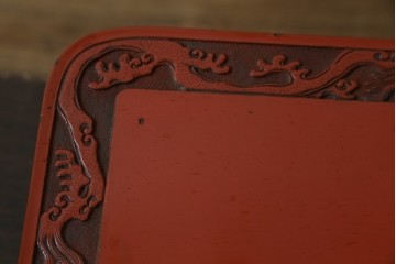 和製アンティーク　明治大正期　経済産業大臣指定伝統的工芸品　村上木彫堆朱　龍・松・富士山が彫り込まれた朱塗りの花台　(R-086125)