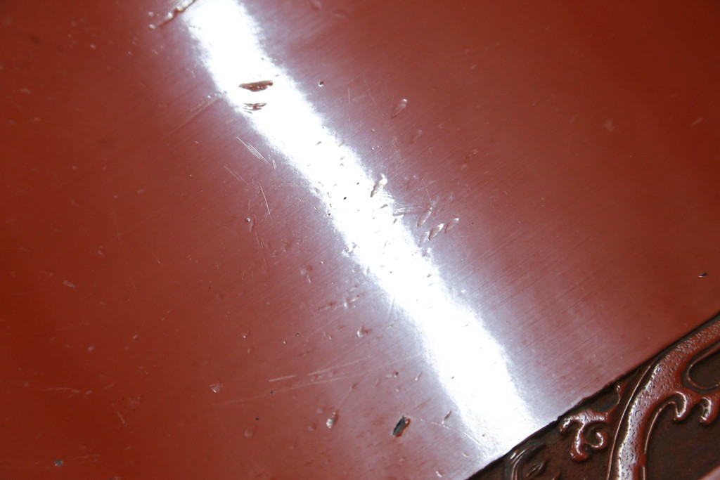 和製アンティーク　明治大正期　経済産業大臣指定伝統的工芸品　村上木彫堆朱　龍・松・富士山が彫り込まれた朱塗りの花台　(R-086125)