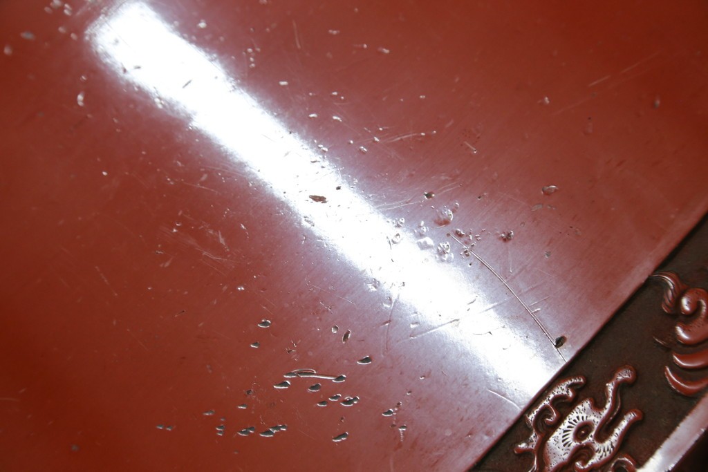 和製アンティーク　明治大正期　経済産業大臣指定伝統的工芸品　村上木彫堆朱　龍・松・富士山が彫り込まれた朱塗りの花台　(R-086125)