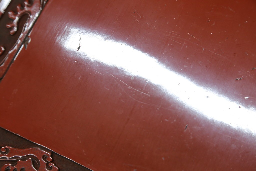 和製アンティーク　明治大正期　経済産業大臣指定伝統的工芸品　村上木彫堆朱　龍・松・富士山が彫り込まれた朱塗りの花台　(R-086125)