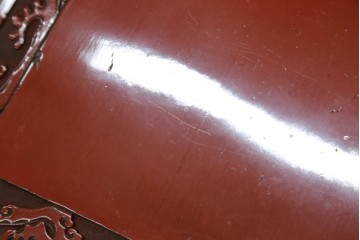 和製アンティーク　明治大正期　経済産業大臣指定伝統的工芸品　村上木彫堆朱　龍・松・富士山が彫り込まれた朱塗りの花台　(R-086125)