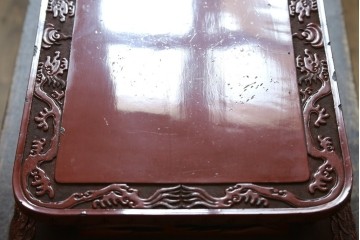 和製アンティーク　明治大正期　経済産業大臣指定伝統的工芸品　村上木彫堆朱　龍・松・富士山が彫り込まれた朱塗りの花台　(R-086125)