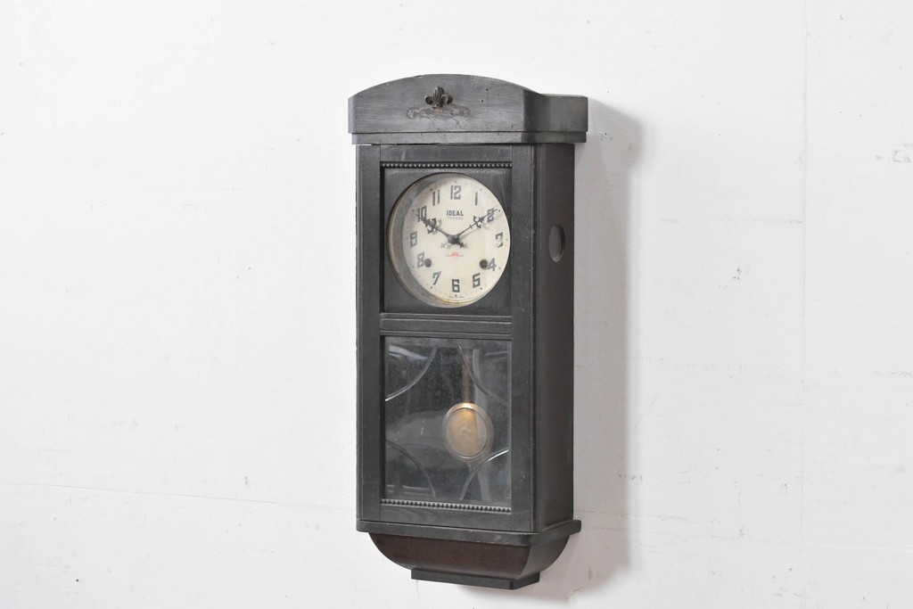 和製アンティーク　大正期　小栗時計製造所　IDEAL(アイデアル)　意匠ガラス扉が目を惹く掛け時計　(R-086131)