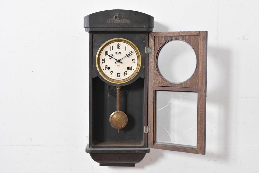 和製アンティーク　大正期　小栗時計製造所　IDEAL(アイデアル)　意匠ガラス扉が目を惹く掛け時計　(R-086131)