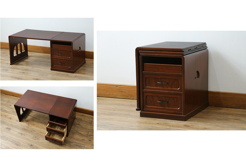 中古　希少な廃番品　欅(ケヤキ)材　コンパクトにまとまる折り畳み式文机　(R-086142)