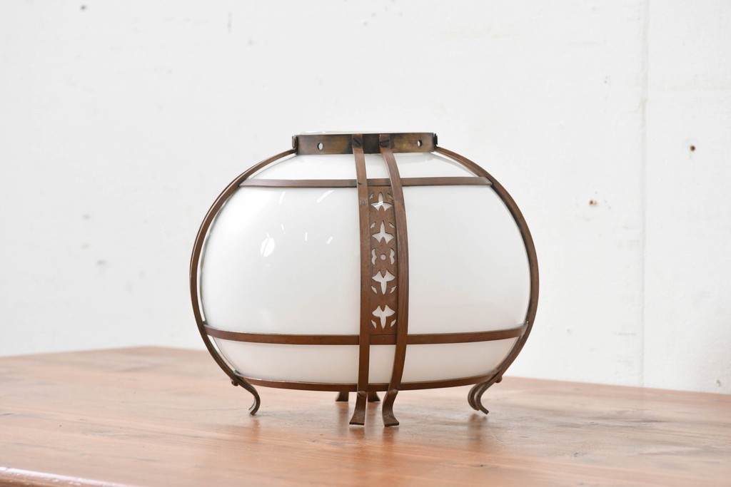 《引っ掛けシーリング式ペンダントライト加工費込み》　和製アンティーク　銅フレームの透かし文様が美しいペンダントライト　(R-086145)