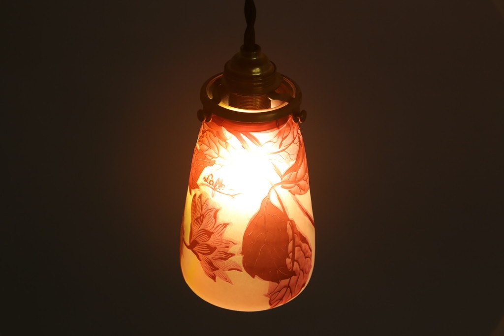 フランスアンティーク　Laflor(ラフロール)ガラス工房　美しい花モチーフのガレ風ペンダントライト　(R-086180)