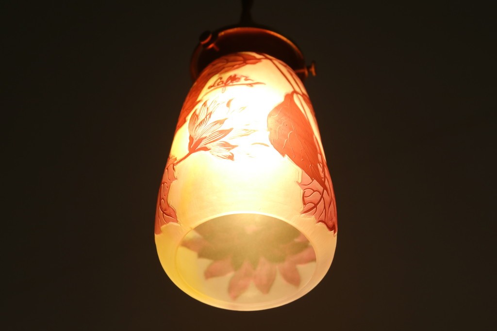 フランスアンティーク　Laflor(ラフロール)ガラス工房　美しい花モチーフのガレ風ペンダントライト　(R-086180)