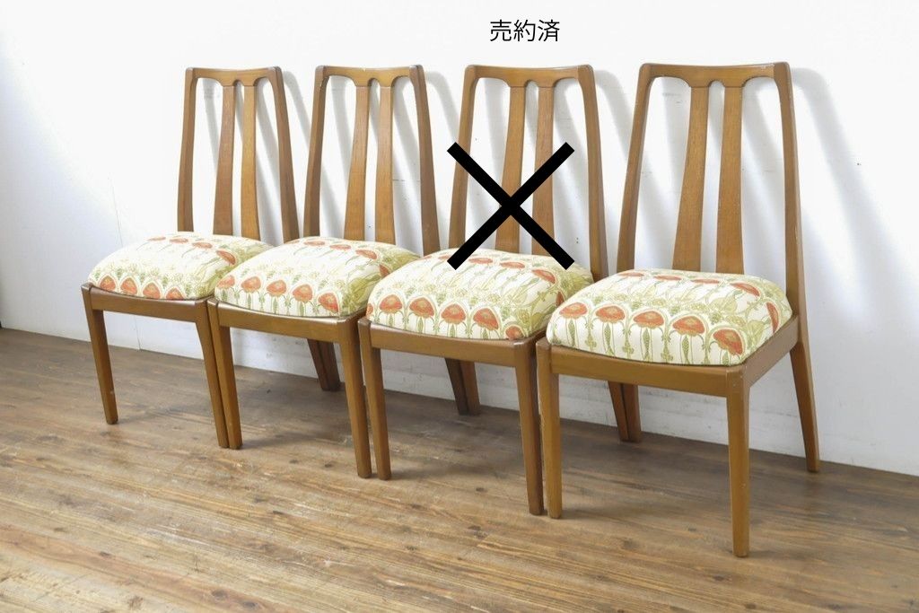 イギリスヴィンテージ　nathan(ネイサン)　ビーチ材　目を惹くボタニカル柄ファブリックのダイニングチェア3脚セット　(R-086186)