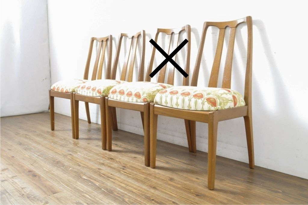 イギリスヴィンテージ　nathan(ネイサン)　ビーチ材　目を惹くボタニカル柄ファブリックのダイニングチェア3脚セット　(R-086186)