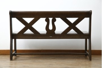 和製ヴィンテージ　オールドカリモク　カリモク家具(karimoku)　RUSTIC(ルスティック)シリーズ　希少な廃番品!　クロスデザインの背もたれが魅力の木製ベンチ　(R-086206)