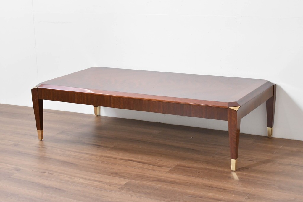 中古　美品　カリモク家具(karimoku)　domani(ドマーニ)　Forza(フォルザ)シリーズ　美しい杢目が広がる天板と金色のアクセントが映えるローテーブル　定価約45万円　(R-086226)