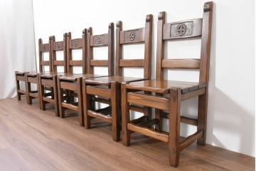 中古　美品　高級!　イタリア職人手作り品　TARPAC社(タルパック)　PTイニシャル　栗材　背板に彫刻意匠を施したダイニングチェア6脚セット　定価(6脚合計)約113万円　(R-086227)